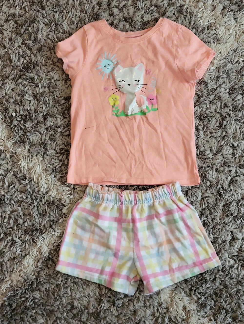 Garanimals Peach Cat Graphic Pajama Set with Pastel Plaid Shorts